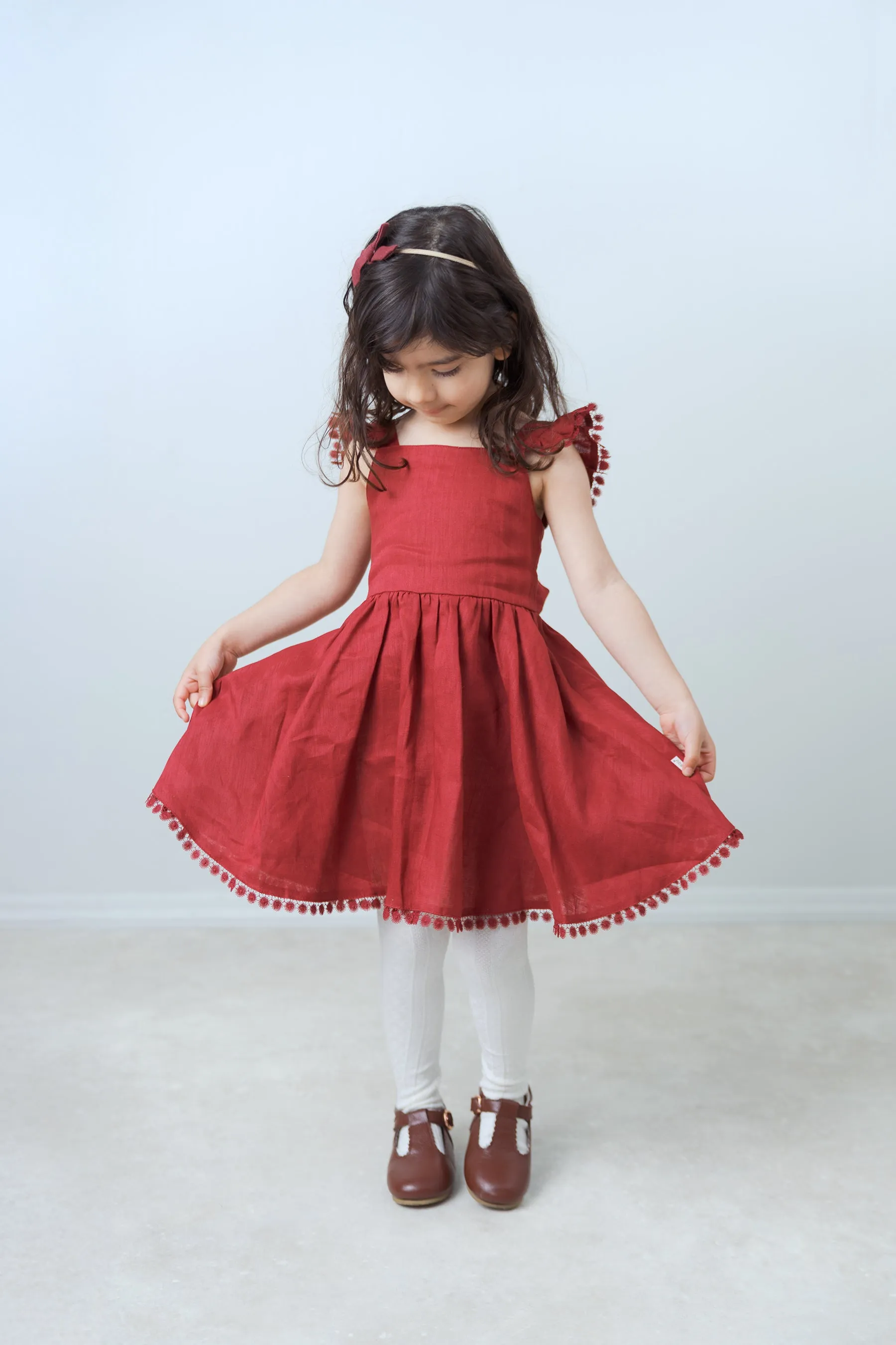 Alaia Linen Girls Dress - Cherry Red