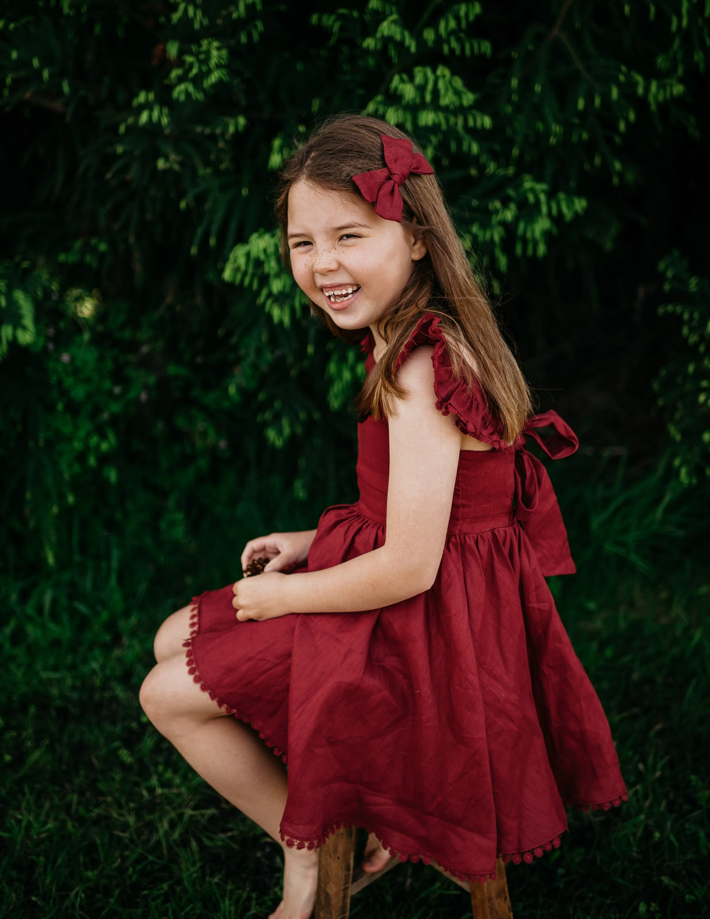 Alaia Linen Girls Dress - Cherry Red