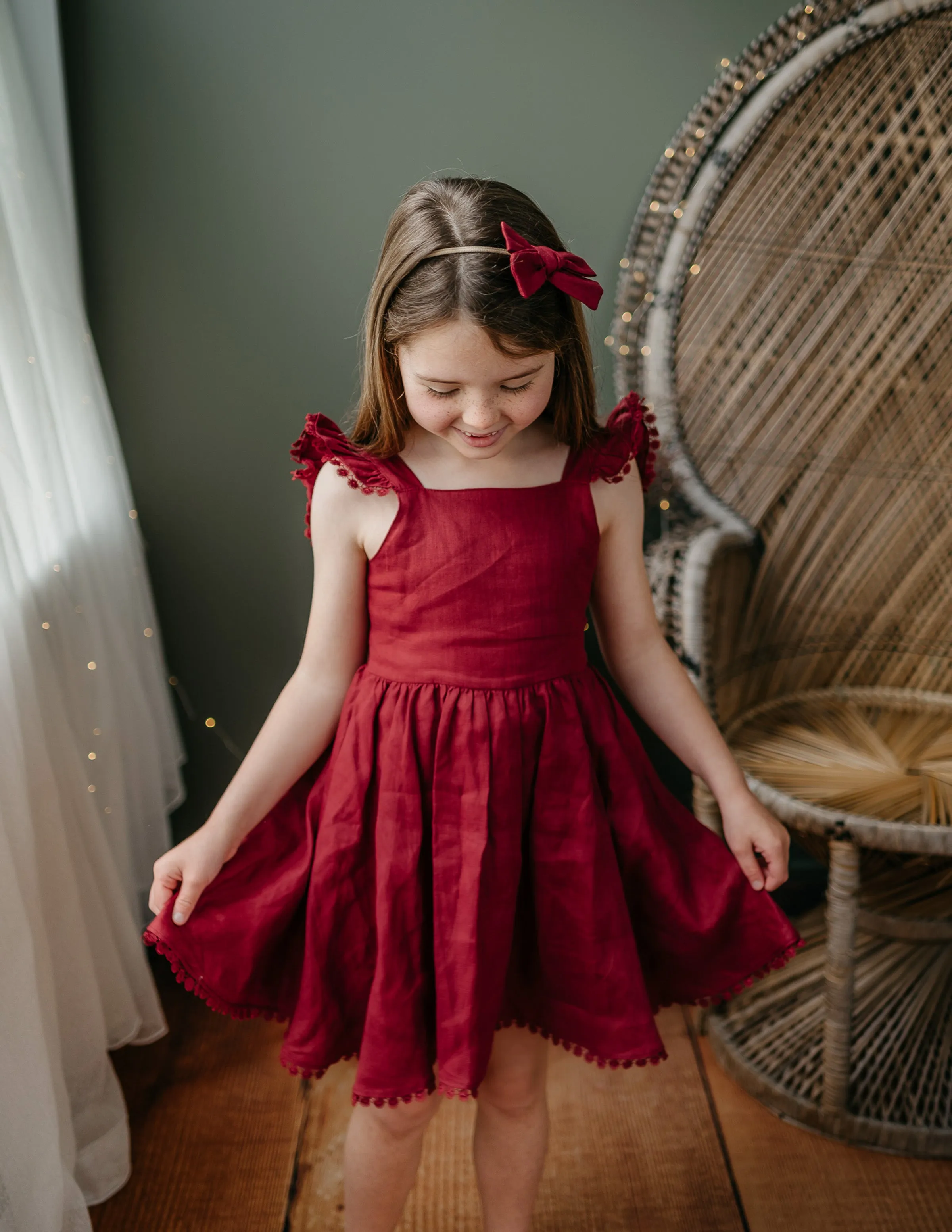 Alaia Linen Girls Dress - Cherry Red