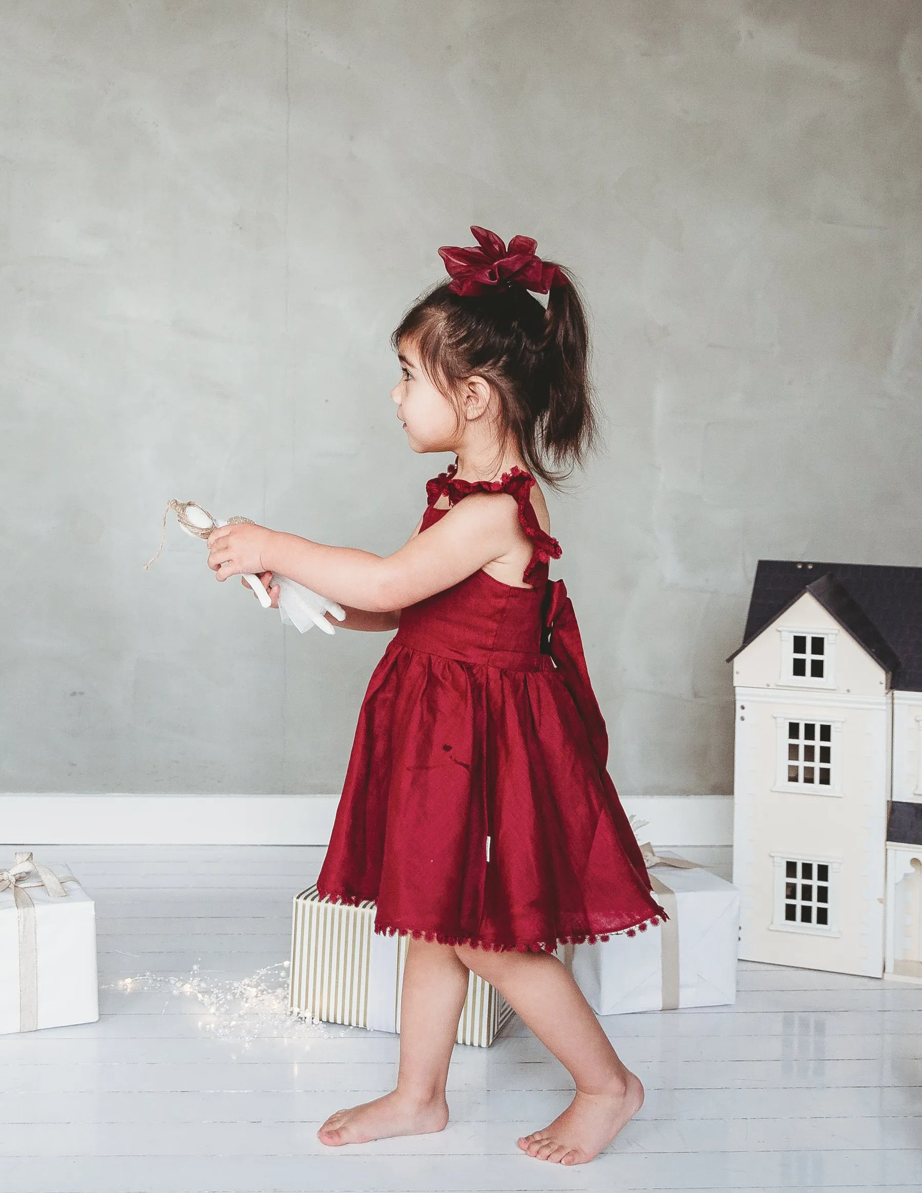 Alaia Linen Girls Dress - Cherry Red