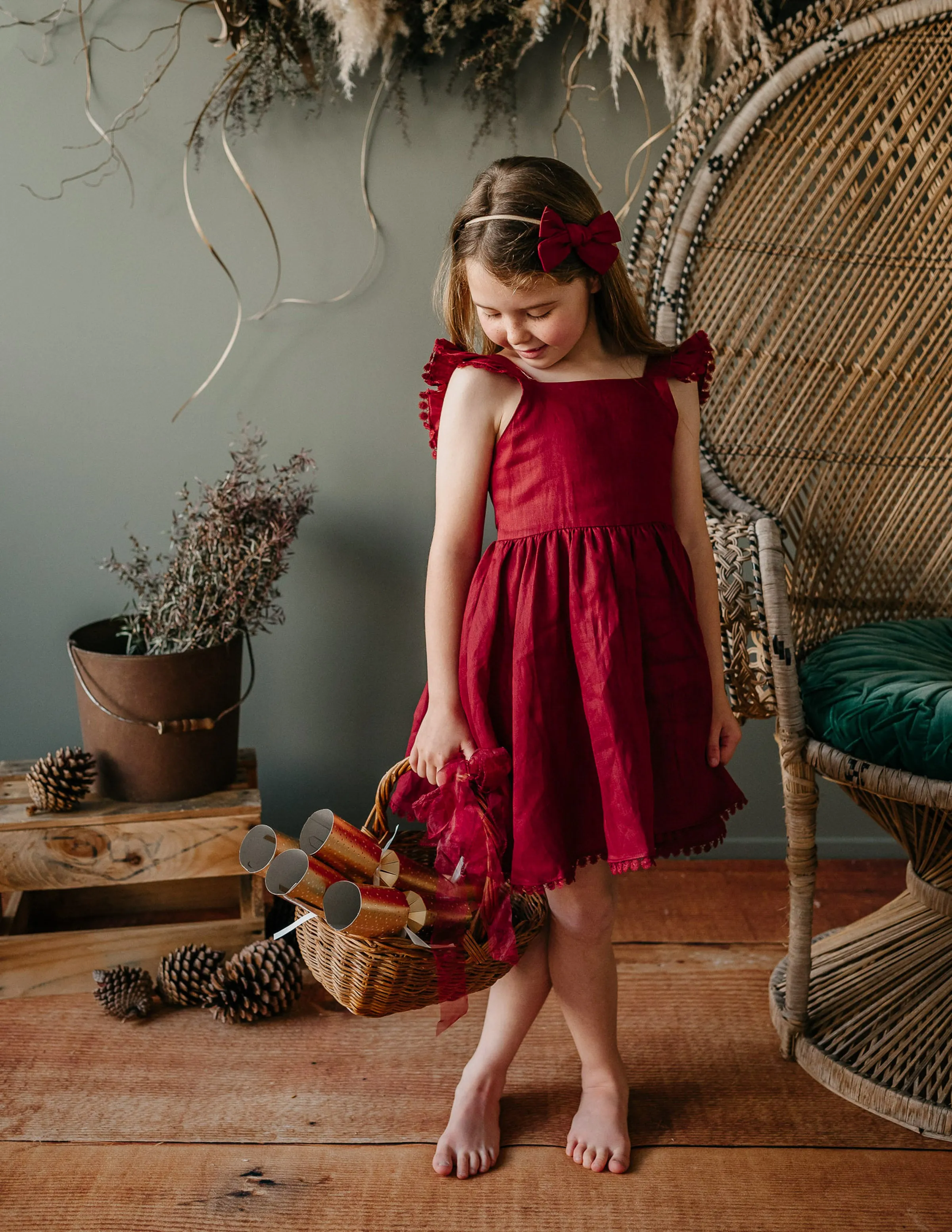 Alaia Linen Girls Dress - Cherry Red