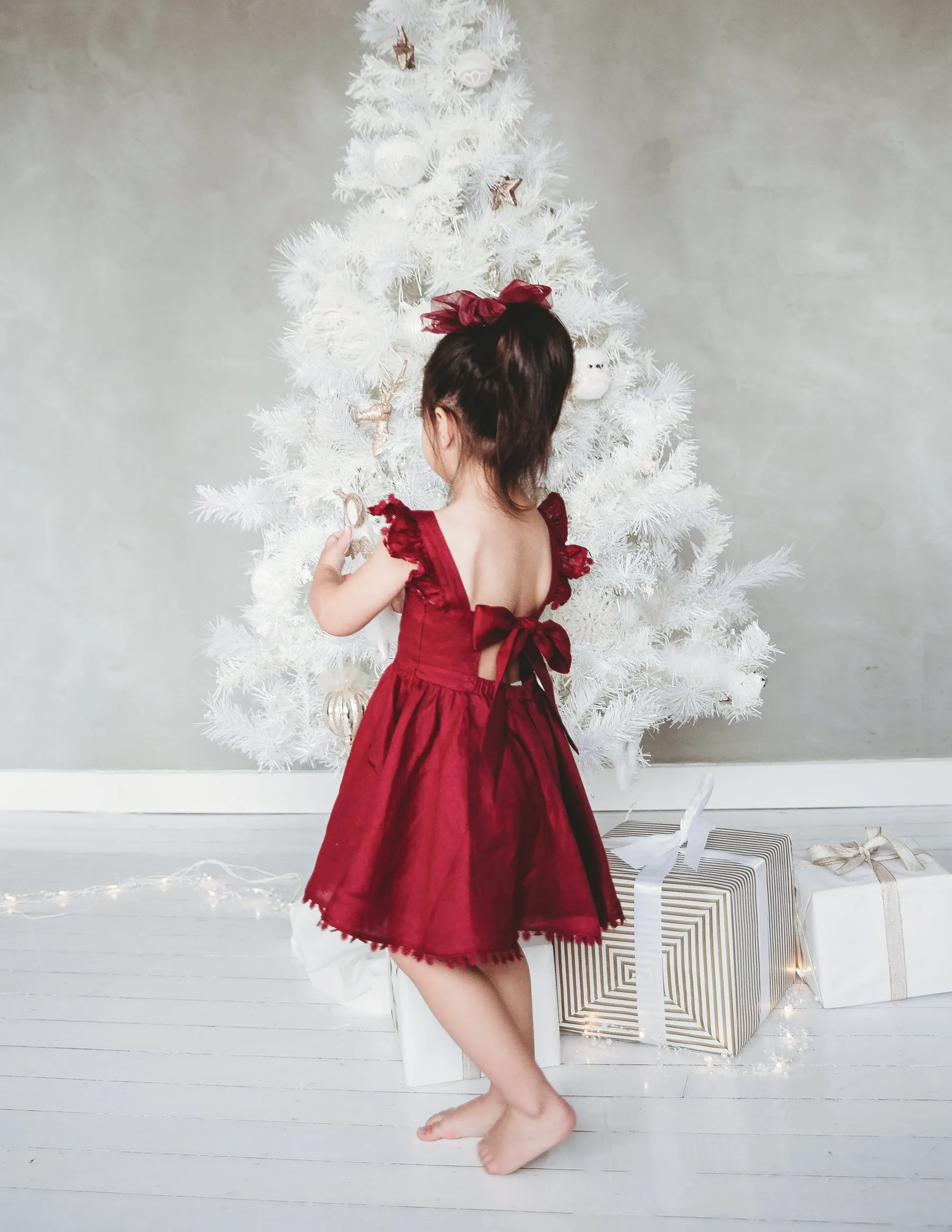 Alaia Linen Girls Dress - Cherry Red