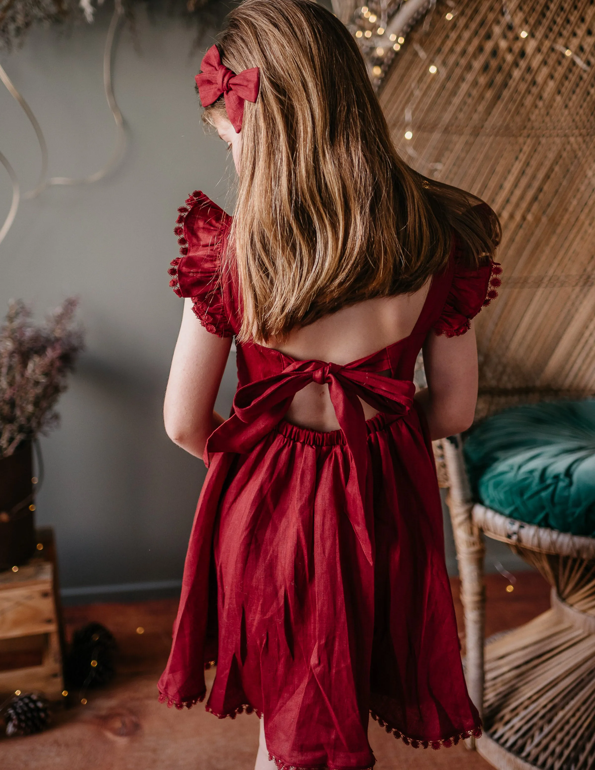 Alaia Linen Girls Dress - Cherry Red