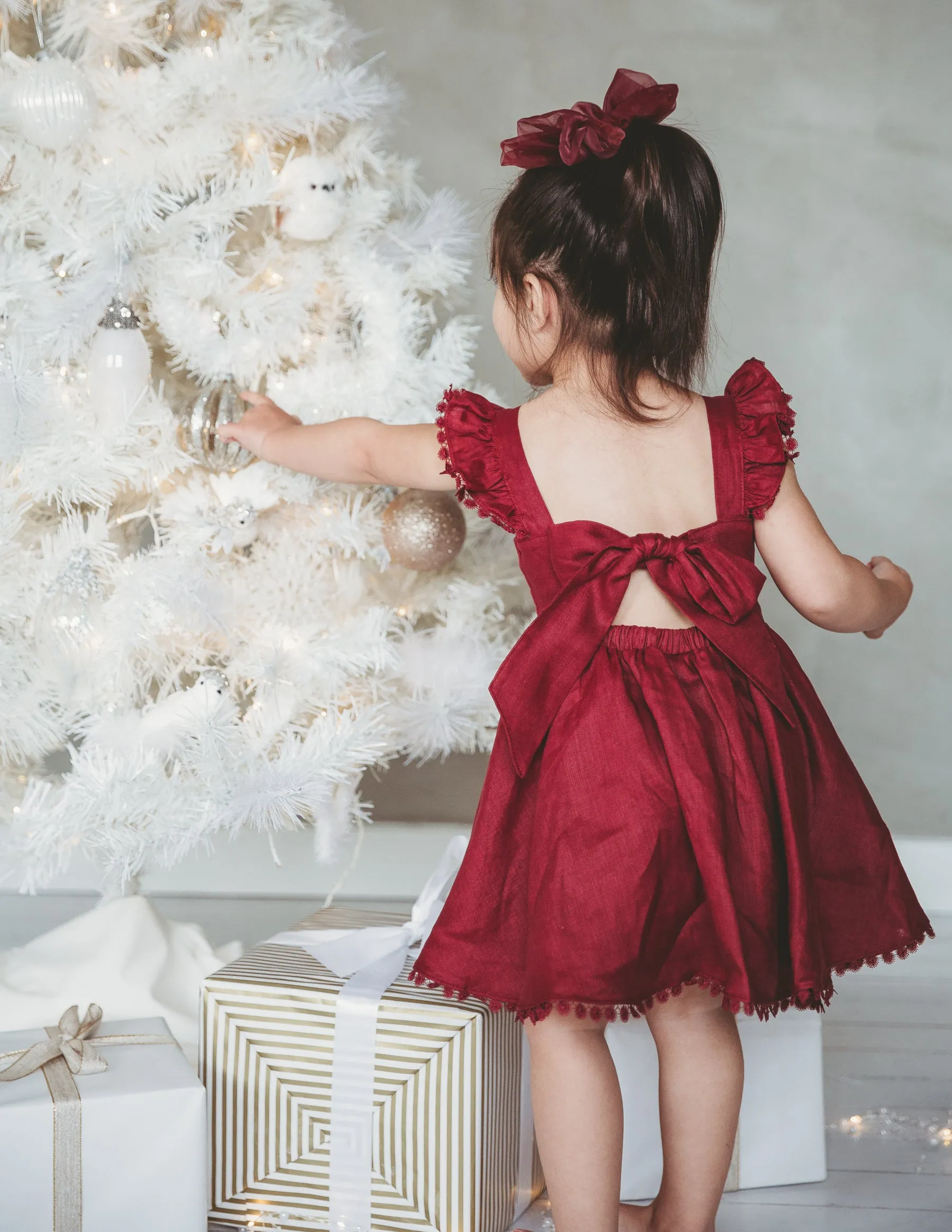 Alaia Linen Girls Dress - Cherry Red