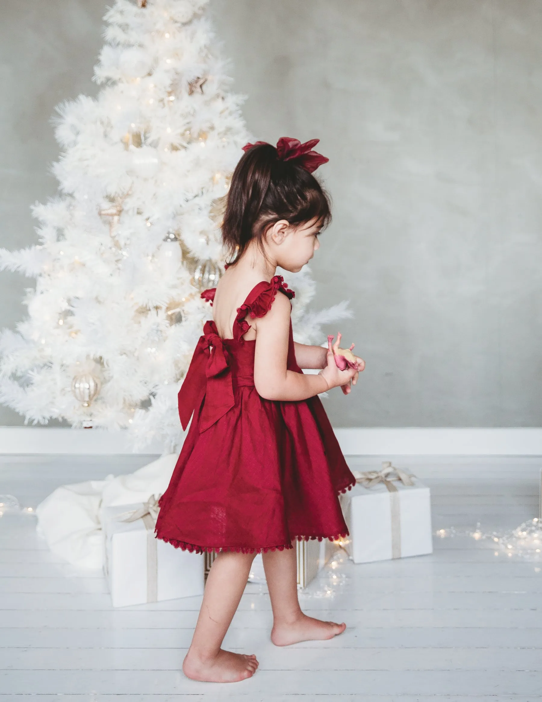 Alaia Linen Girls Dress - Cherry Red