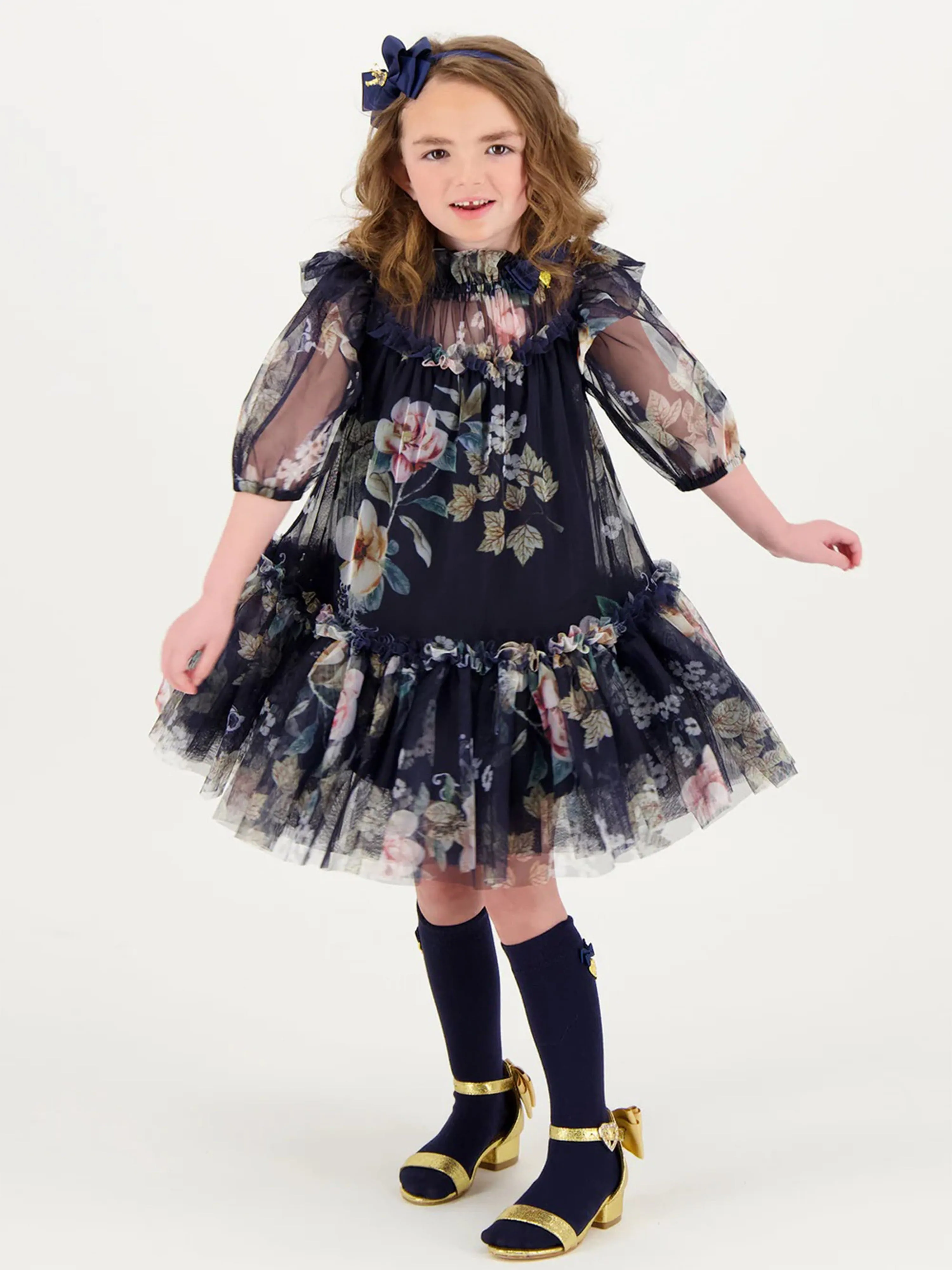 Angels Face Girls Myrtle Flower Tulle Dress in Navy