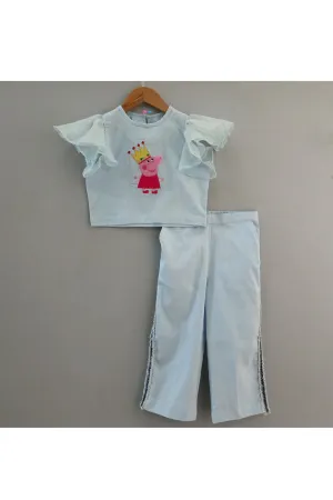 Aqua Blue Thread Embroidered Peppa Pig Top With Pant Set