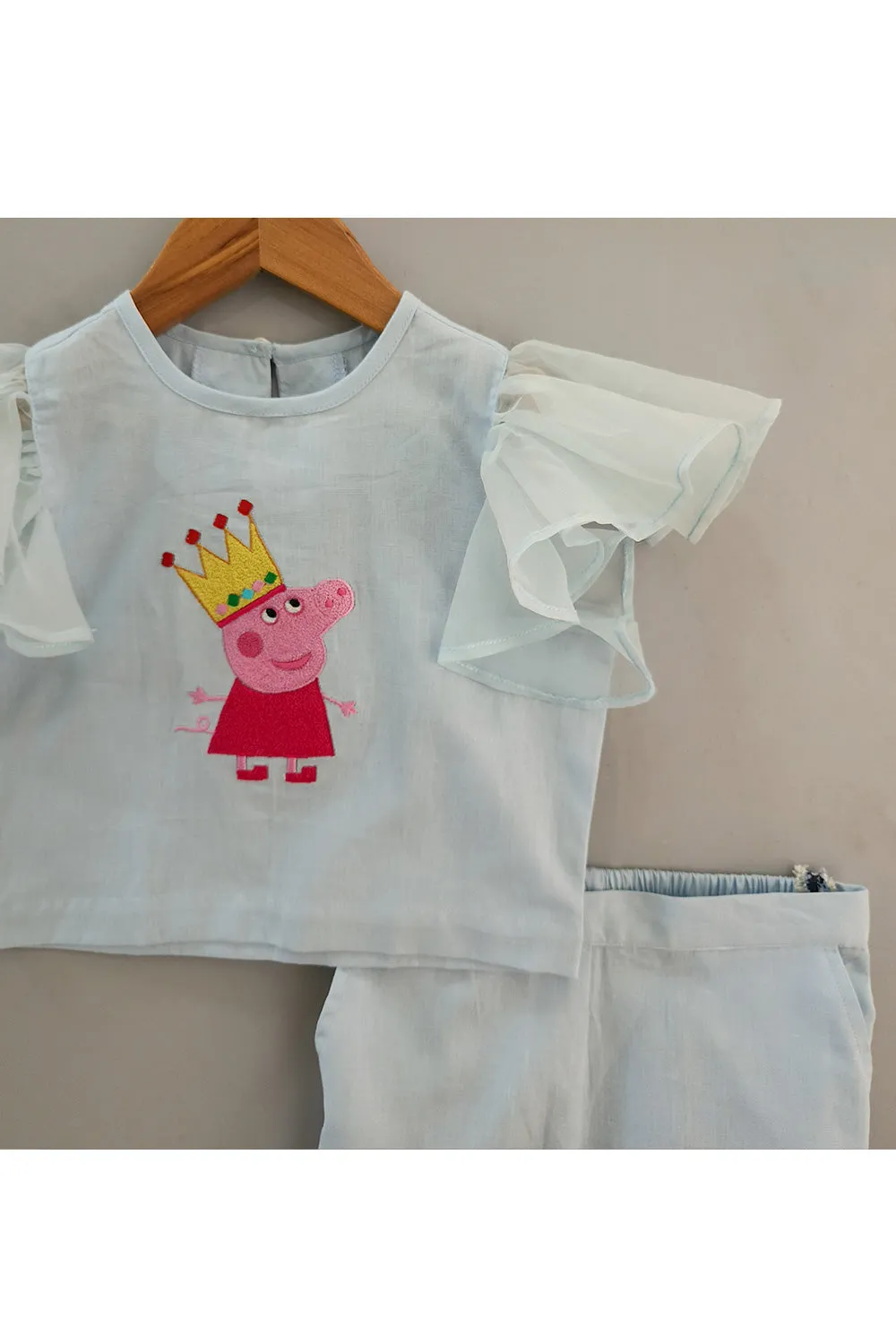 Aqua Blue Thread Embroidered Peppa Pig Top With Pant Set