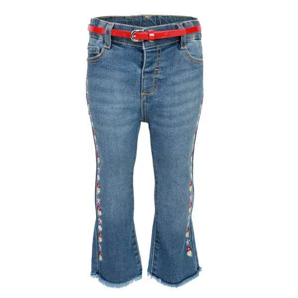 BABY GIRLS BLUE EMBROIDERED DENIM PANTS WITH BELT