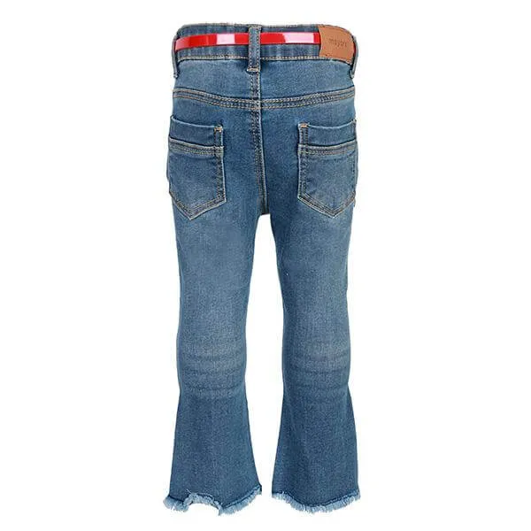 BABY GIRLS BLUE EMBROIDERED DENIM PANTS WITH BELT