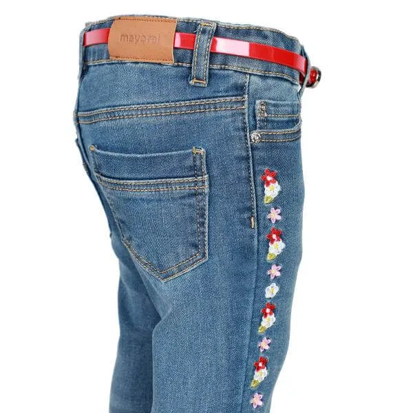 BABY GIRLS BLUE EMBROIDERED DENIM PANTS WITH BELT