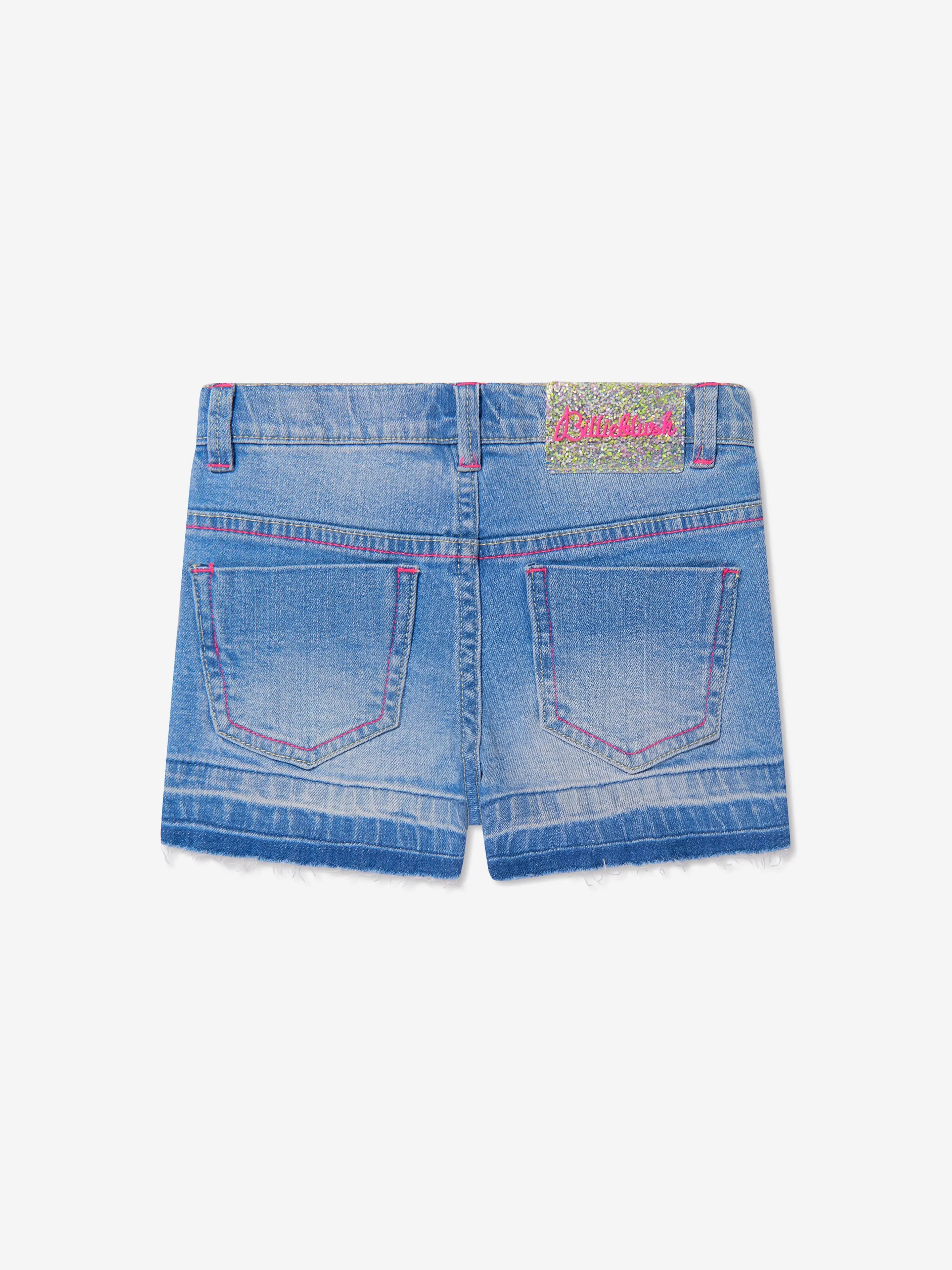 Billieblush Girls Crocheted Heart Denim Shorts in Blue