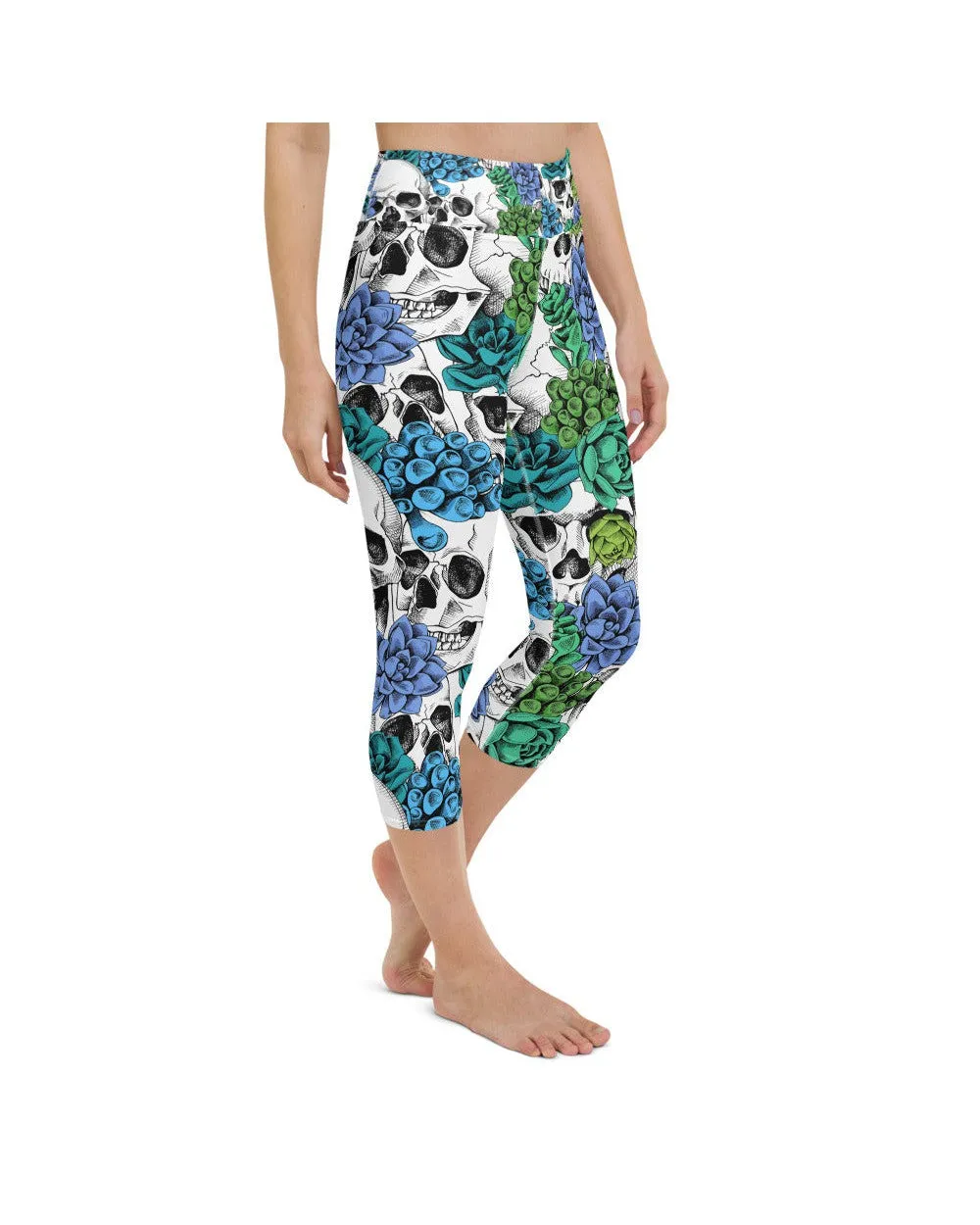 Blue Floral Skulls Yoga Capris