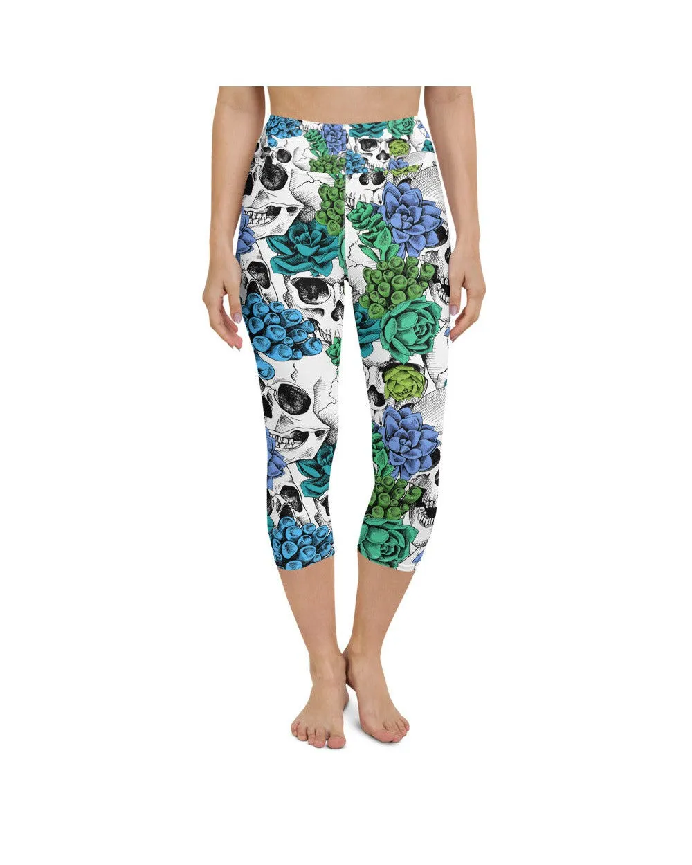 Blue Floral Skulls Yoga Capris