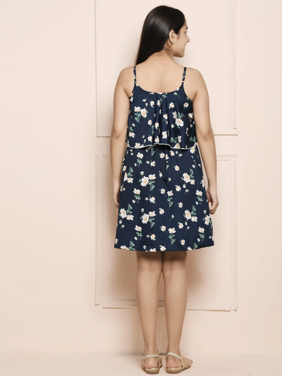 Blue Flower Print Flared Dress