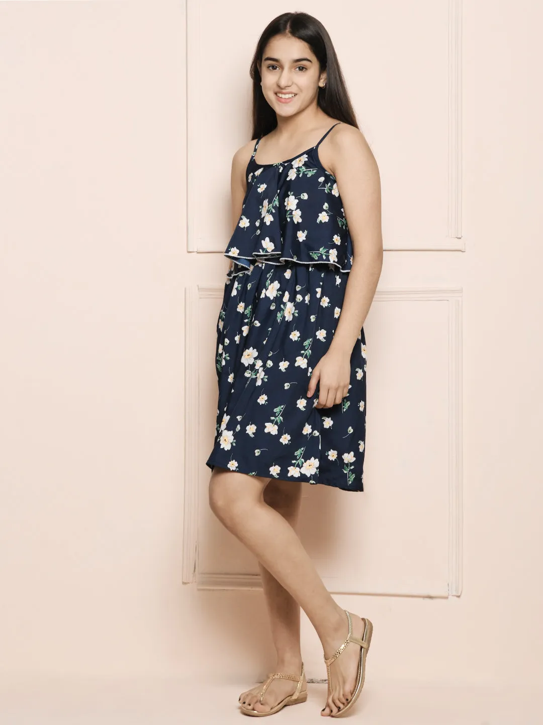 Blue Flower Print Flared Dress