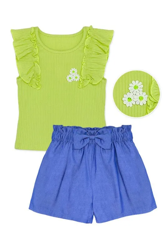 Bright Green Toddler's 2 pc Short Set W/ Soft Ribbed Ruffle Sleeve & Chambray Short