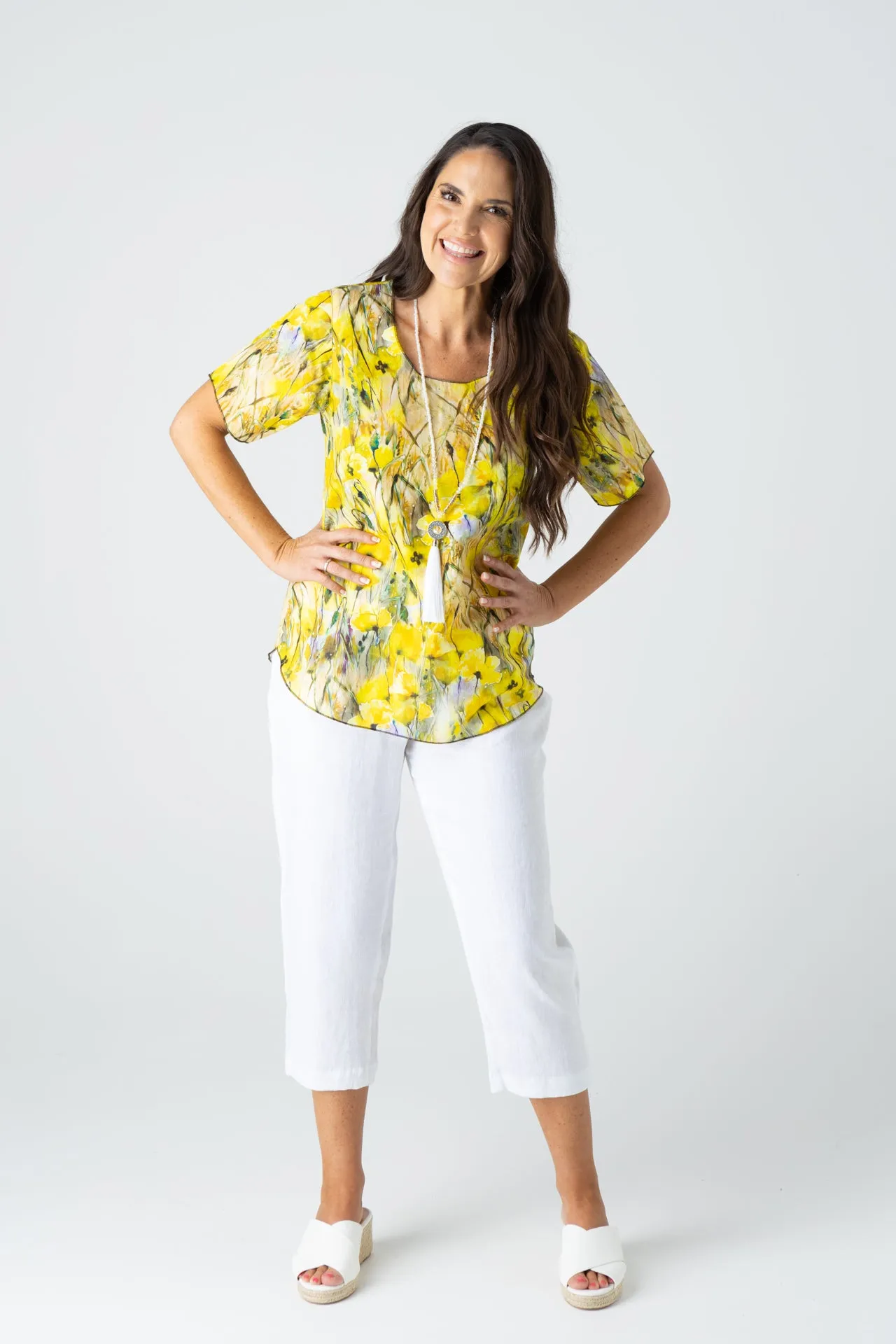 Buttercup Print Short Sleeve Linen/Silk Shirt