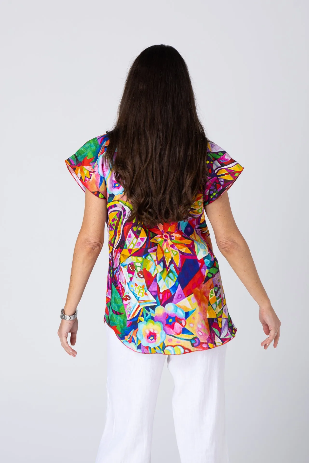 Calypso Print Short Sleeve 100% Linen Top