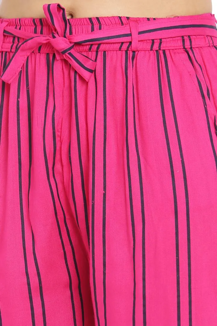 Elite Pink Cotton Striped Capris For Women And Girls