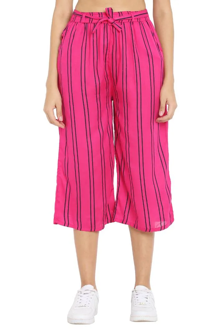 Elite Pink Cotton Striped Capris For Women And Girls