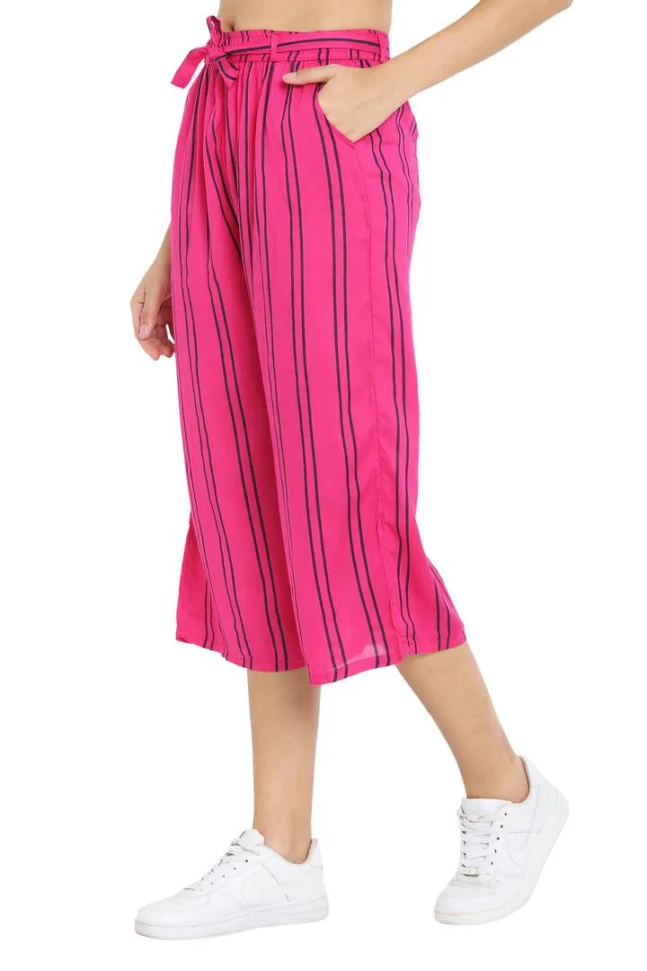 Elite Pink Cotton Striped Capris For Women And Girls