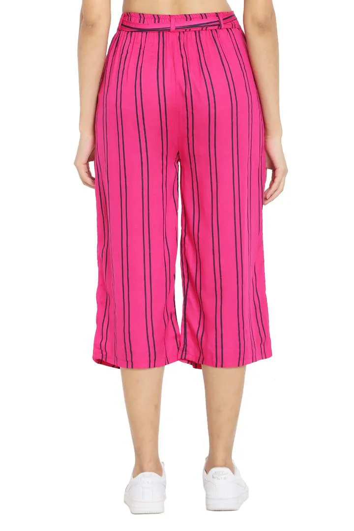 Elite Pink Cotton Striped Capris For Women And Girls