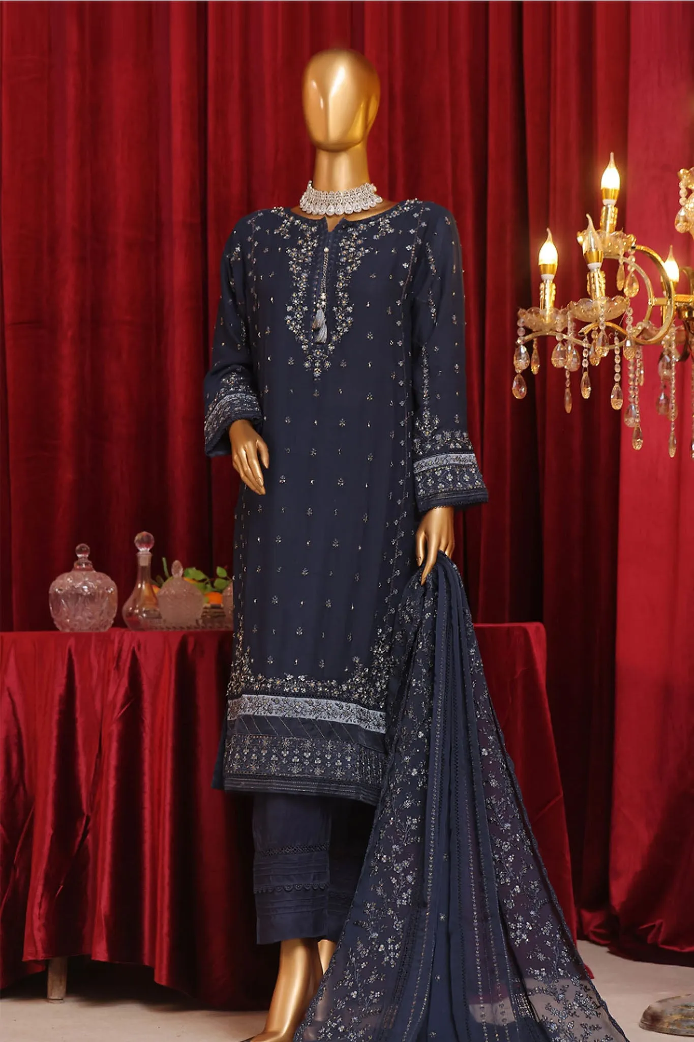 Fasaane By HZ Stitched 3 Piece Formals Chiffon Vol-07 Collection'2024-HZK-188-Navy Blue