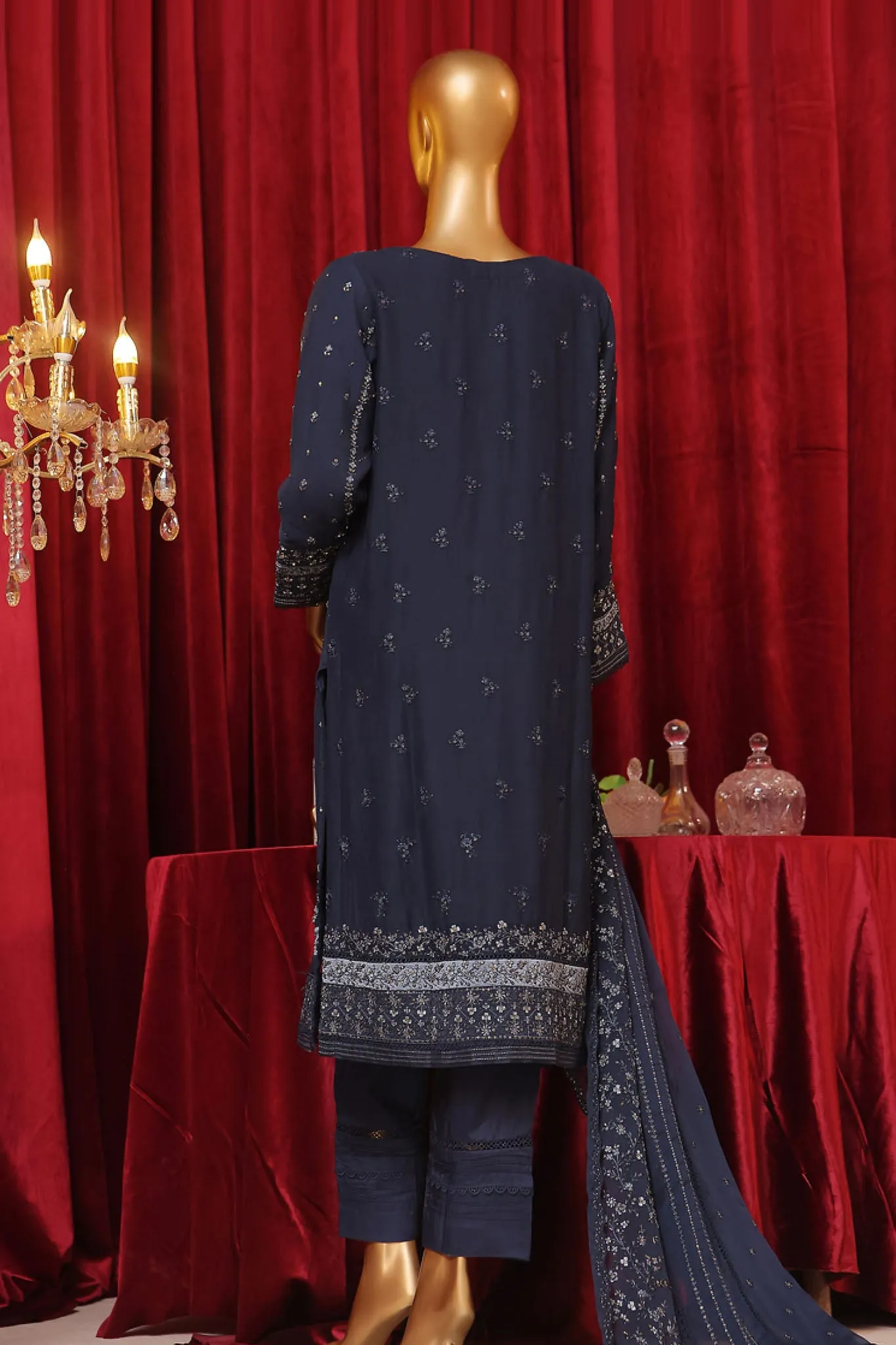 Fasaane By HZ Stitched 3 Piece Formals Chiffon Vol-07 Collection'2024-HZK-188-Navy Blue