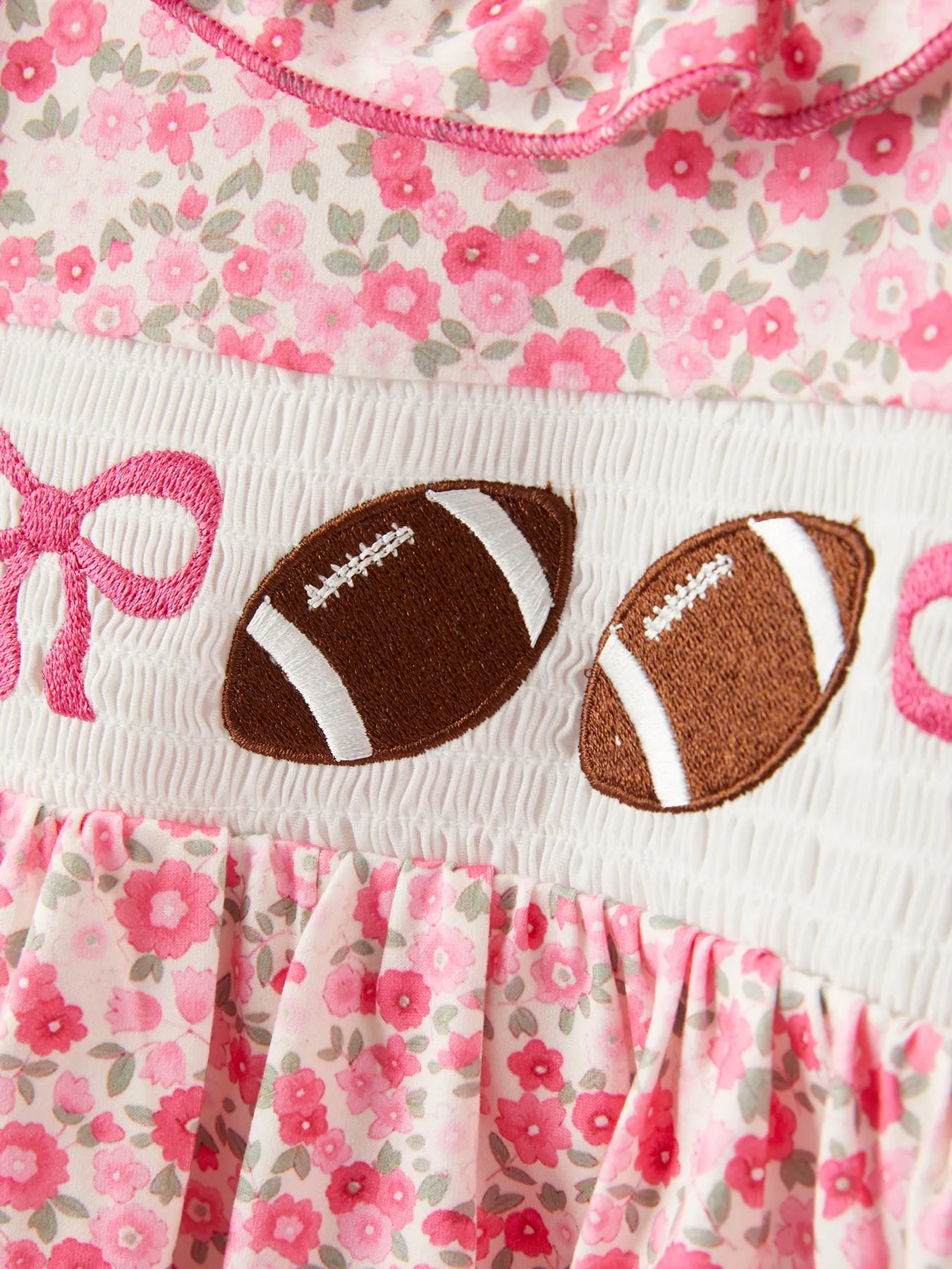 Football Smocking Bow Embroidered Girls Outfit Set