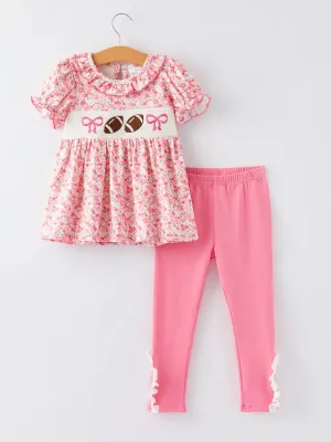 Football Smocking Bow Embroidered Girls Outfit Set