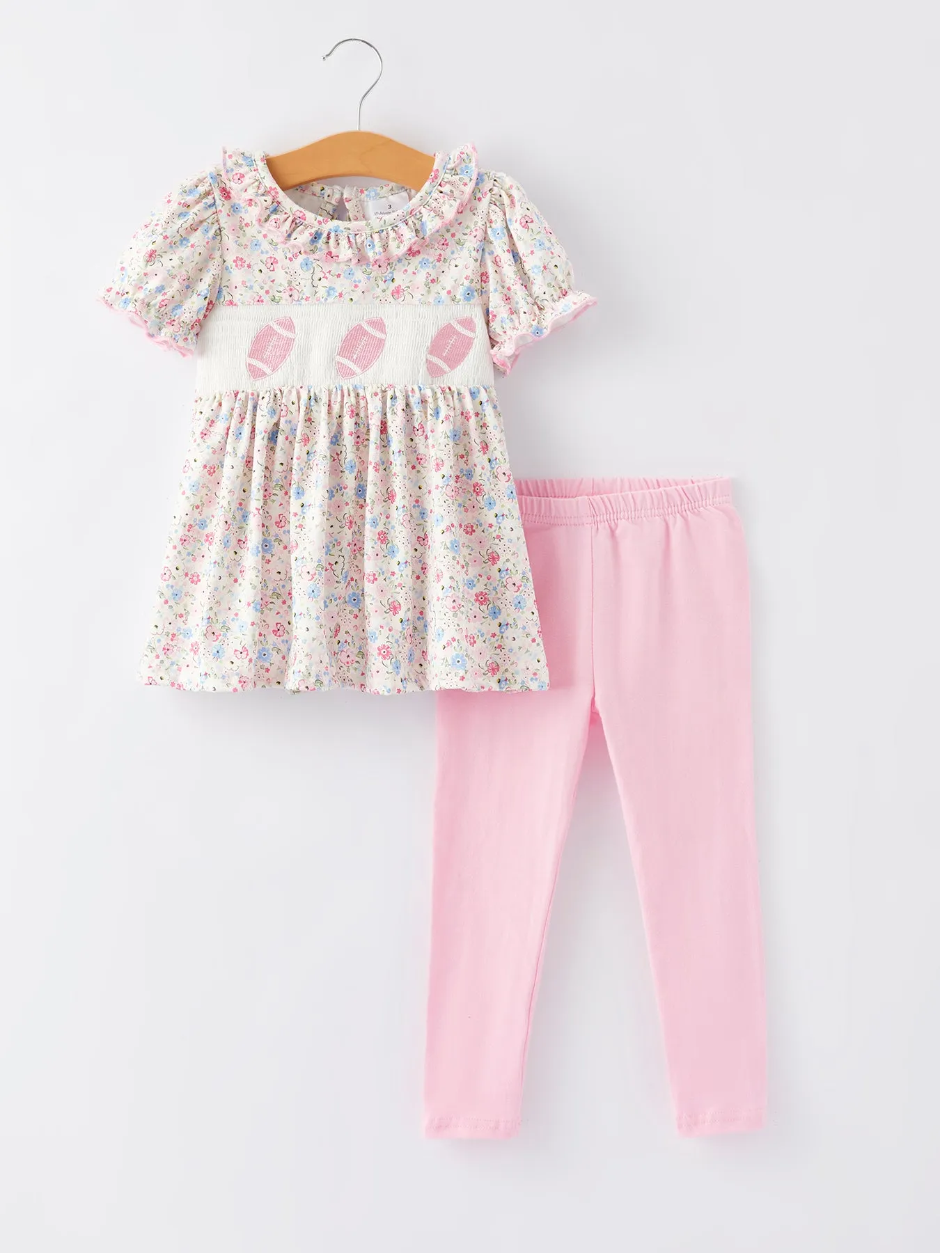 Football Smocking Embroidered Girls Outfit Set