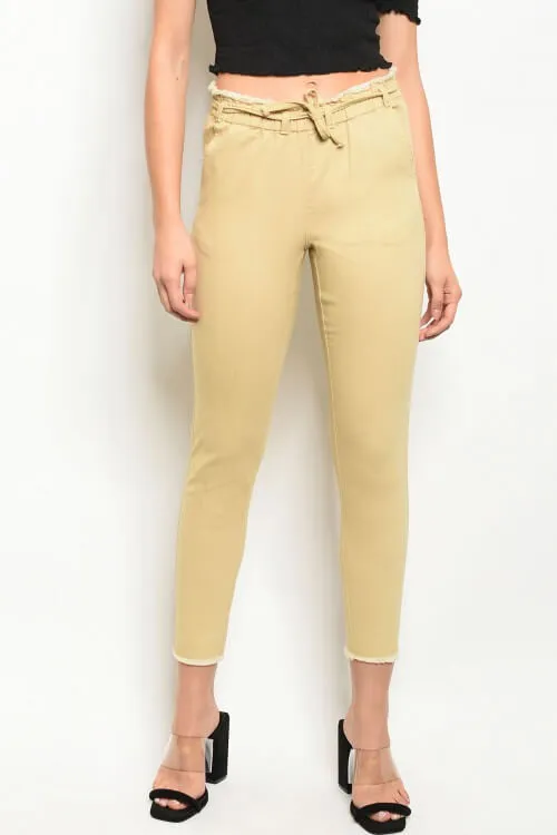 Frayed Ankle Drawstring Khaki Capris