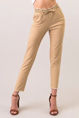 Frayed Ankle Drawstring Khaki Capris