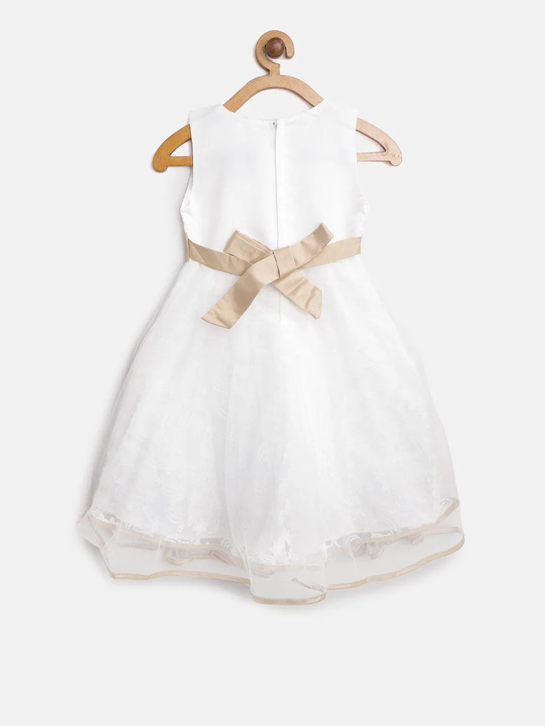 Gilr's White And Dull Gold Embellished And Embroidered Party Dress - StyleStone Kid