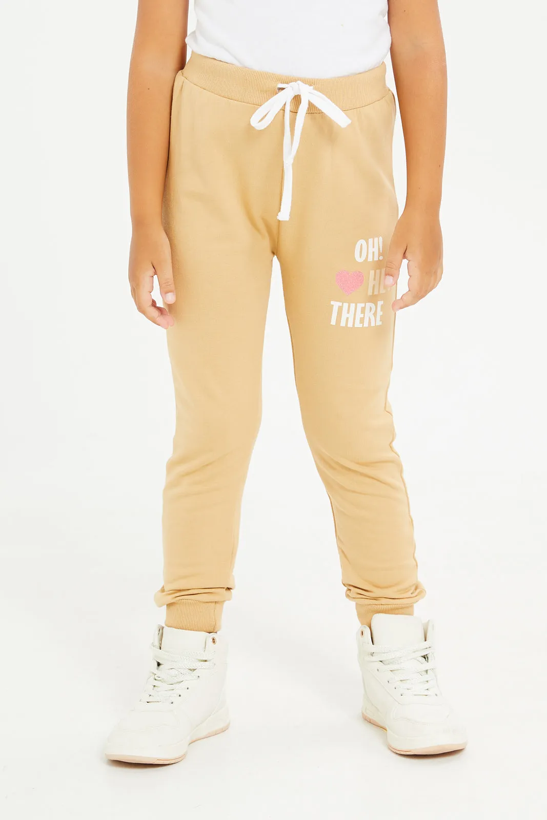 Girls Beige Printed Jogger Suit (2 Piece)