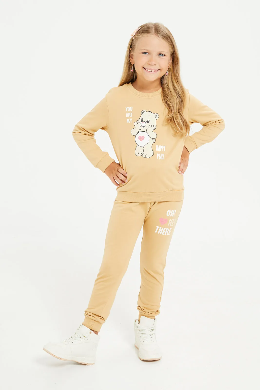 Girls Beige Printed Jogger Suit (2 Piece)