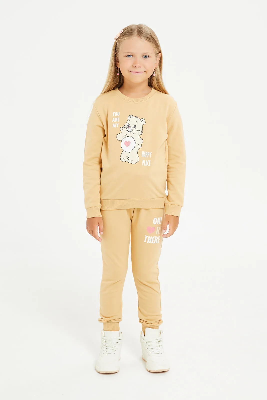 Girls Beige Printed Jogger Suit (2 Piece)