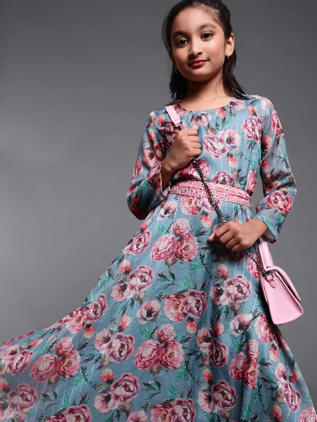 Girl's Blue & Pink Floral Printed Flared Maxi With Mirror Work Belt - Aks Girls