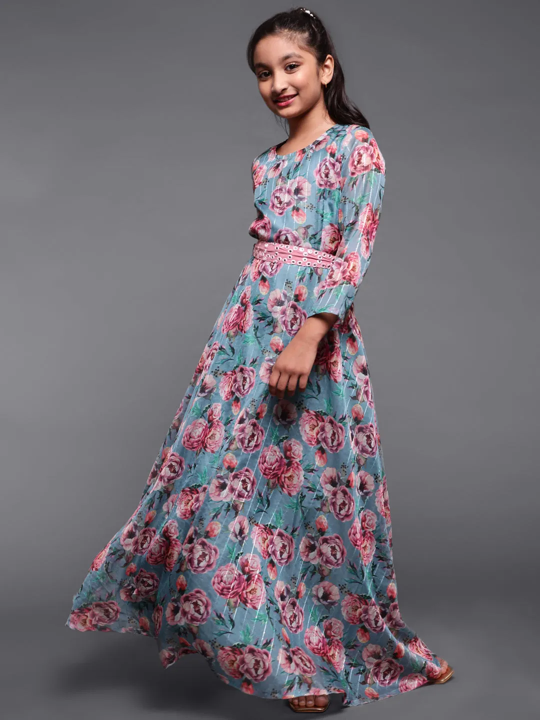 Girl's Blue & Pink Floral Printed Flared Maxi With Mirror Work Belt - Aks Girls