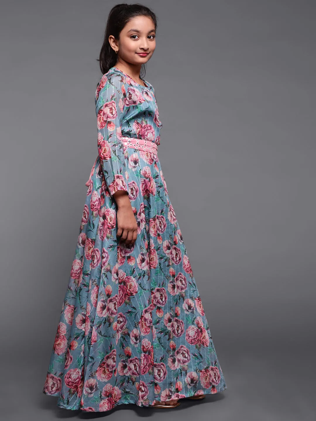 Girl's Blue & Pink Floral Printed Flared Maxi With Mirror Work Belt - Aks Girls