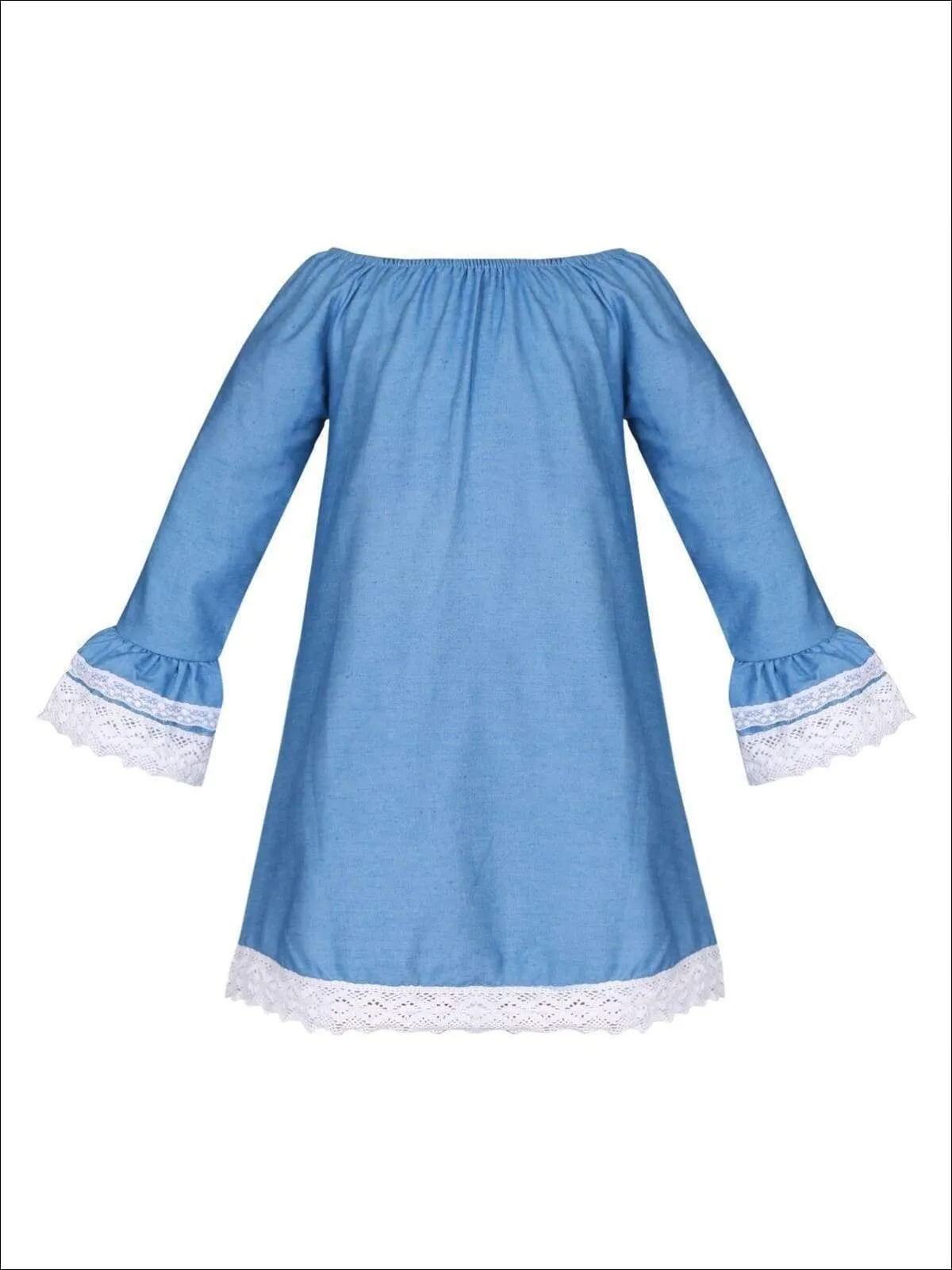 Girls Denim Off the Shoulder Lace Boho Flared Sleeves Dress