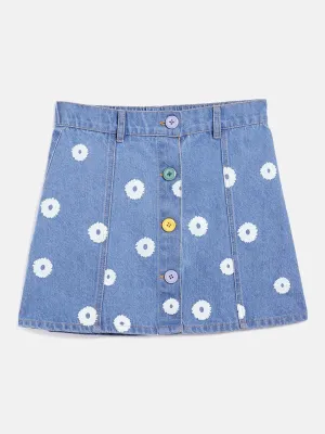 Girls Ice Blue Flower Print Denim Mini Skirt - Lyush Kids