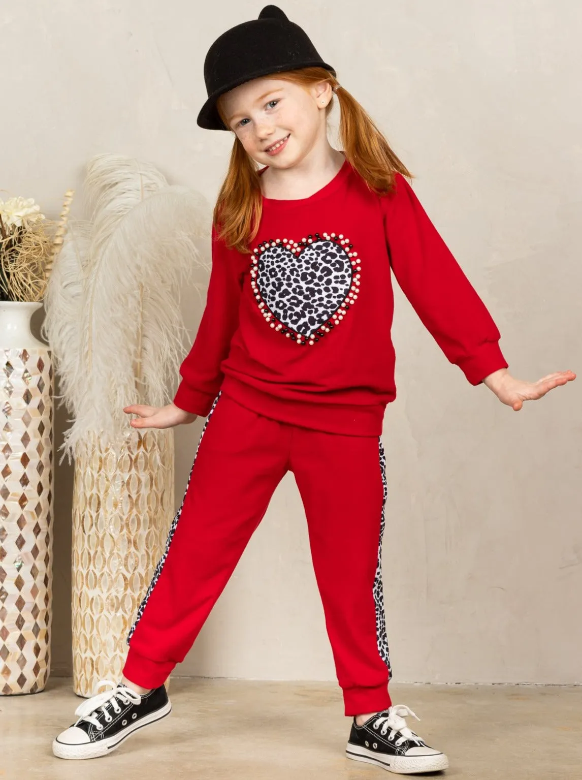 Girls Leopard Heart Applique Sweatshirt and Jogger Set