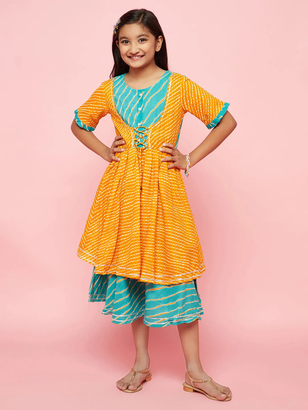 Girl's Mustard Leheriya Print Layered Dress - Aks Girls