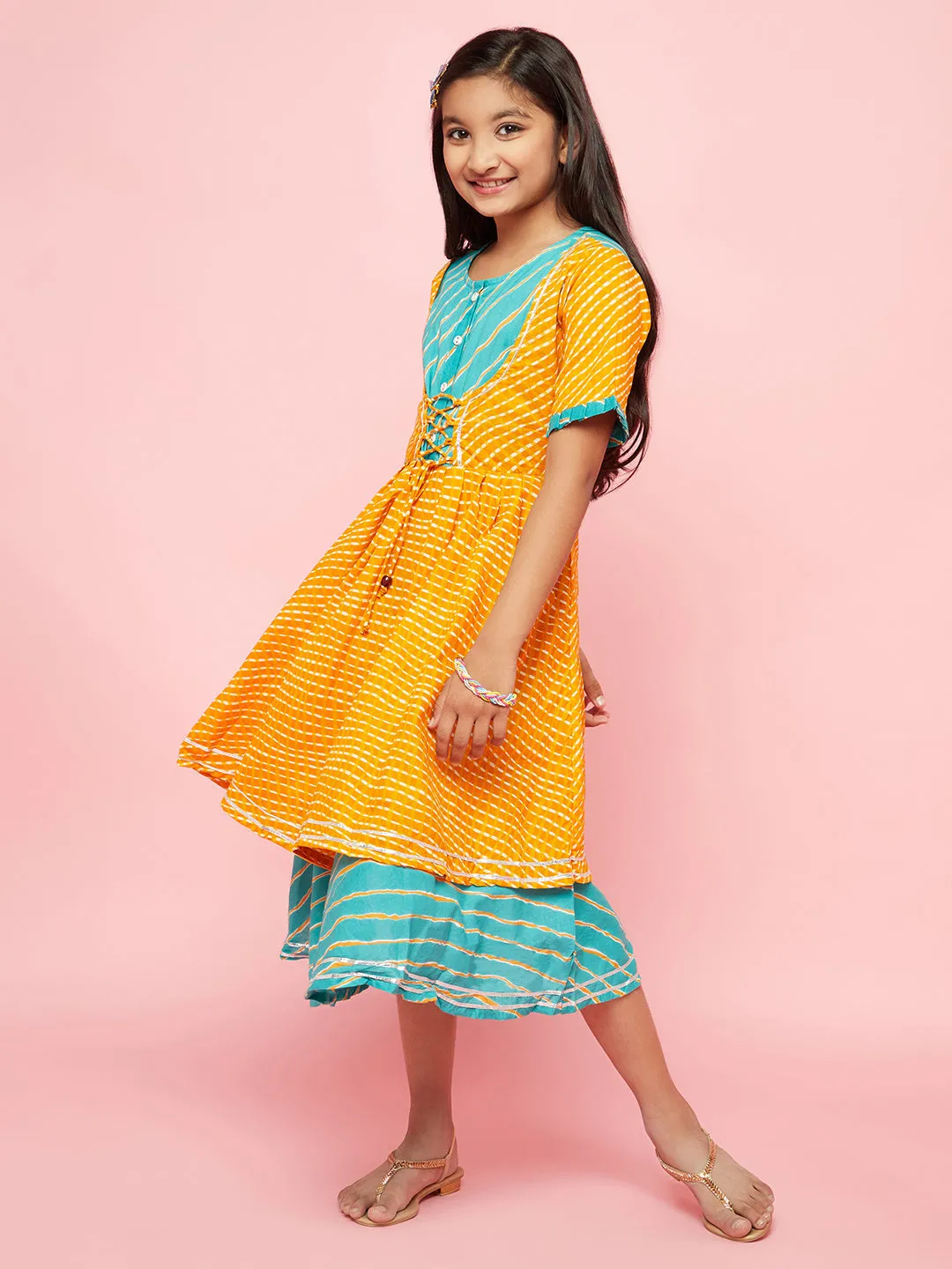 Girl's Mustard Leheriya Print Layered Dress - Aks Girls