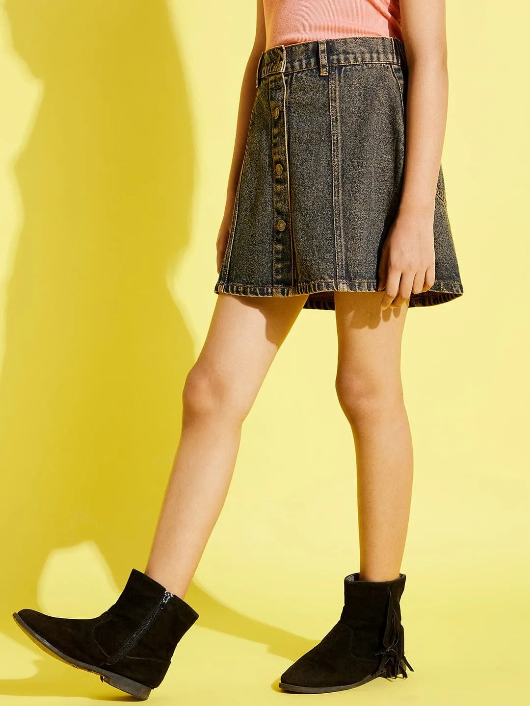 Girls Navy Acid Wash Front Button Denim Mini Skirt - Lyush Kids