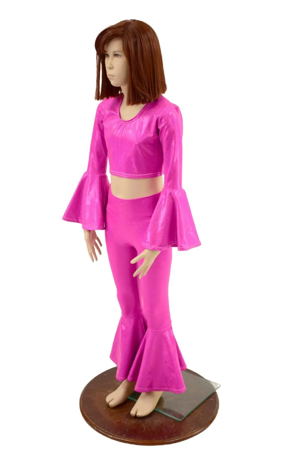 Girls Neon Pink Trumpet Sleeve Crop  & Bell Bottom Flares Set