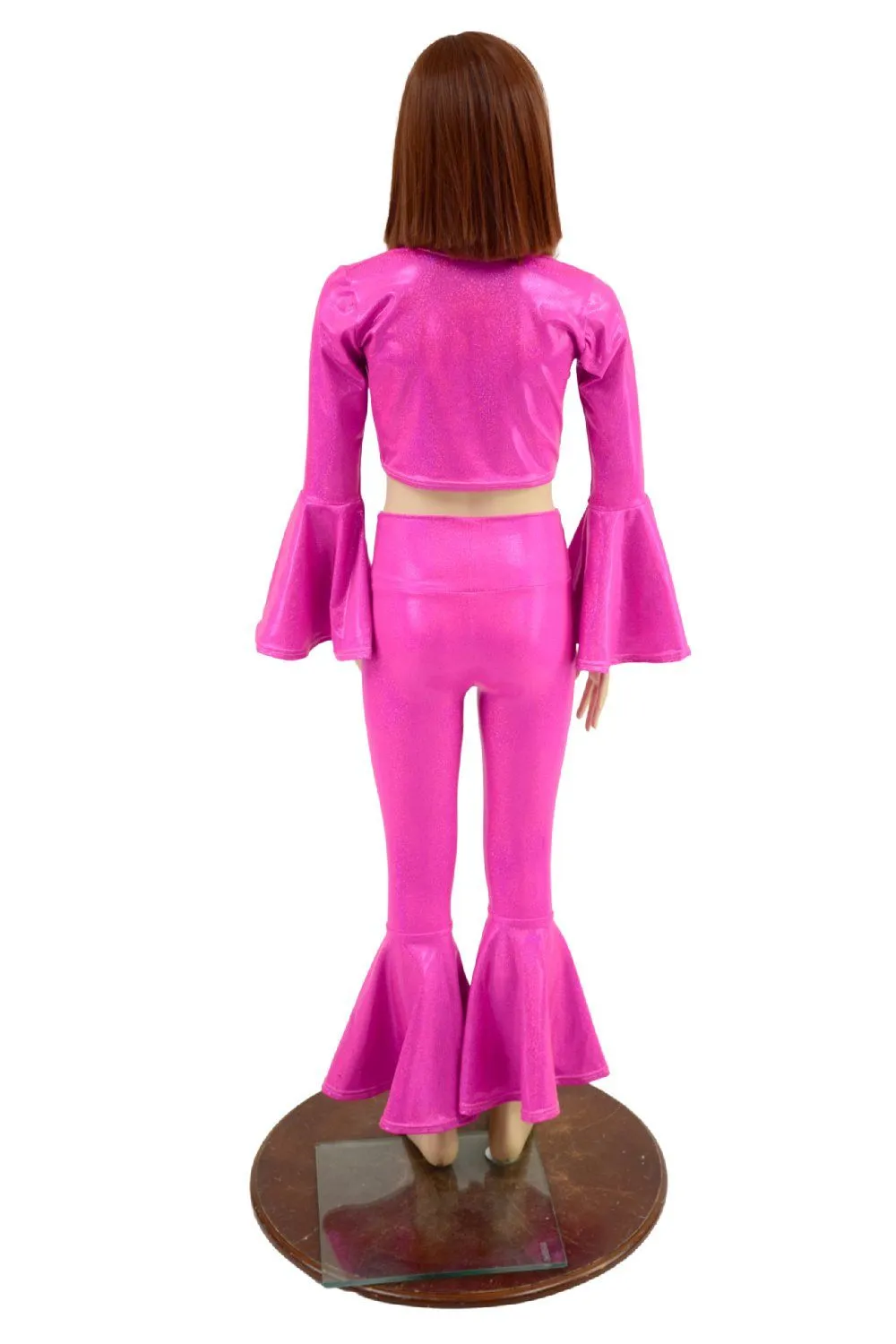 Girls Neon Pink Trumpet Sleeve Crop  & Bell Bottom Flares Set