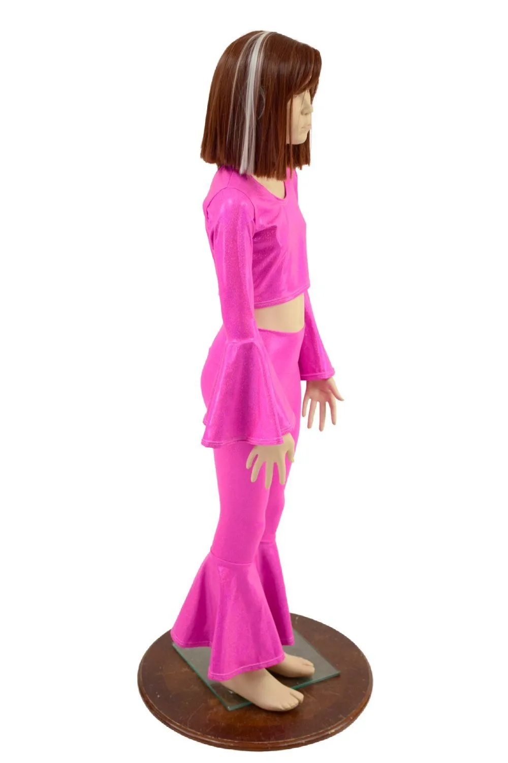 Girls Neon Pink Trumpet Sleeve Crop  & Bell Bottom Flares Set